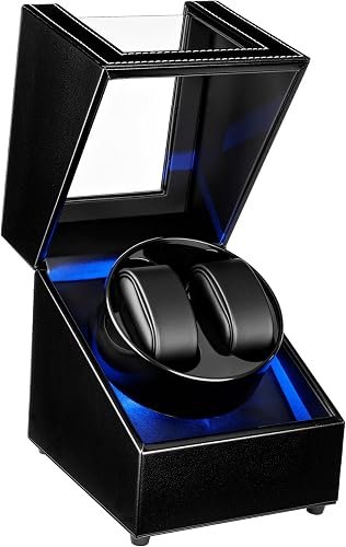 Mcbazel dual watch winder with LED light, black PU leather finish